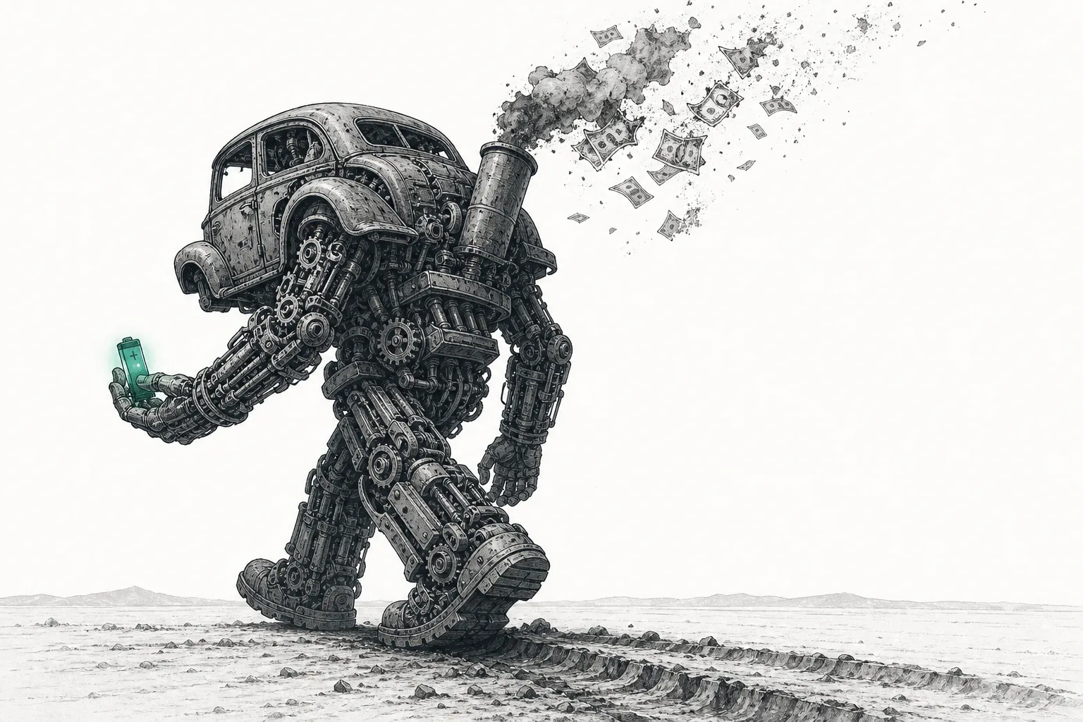 A colossal car giant made of old-factory gears slowly reverses, with a pile of banknotes spewing from its smokestack and vanishing into the air — depicting the old guard retreating and burning cash on the transition