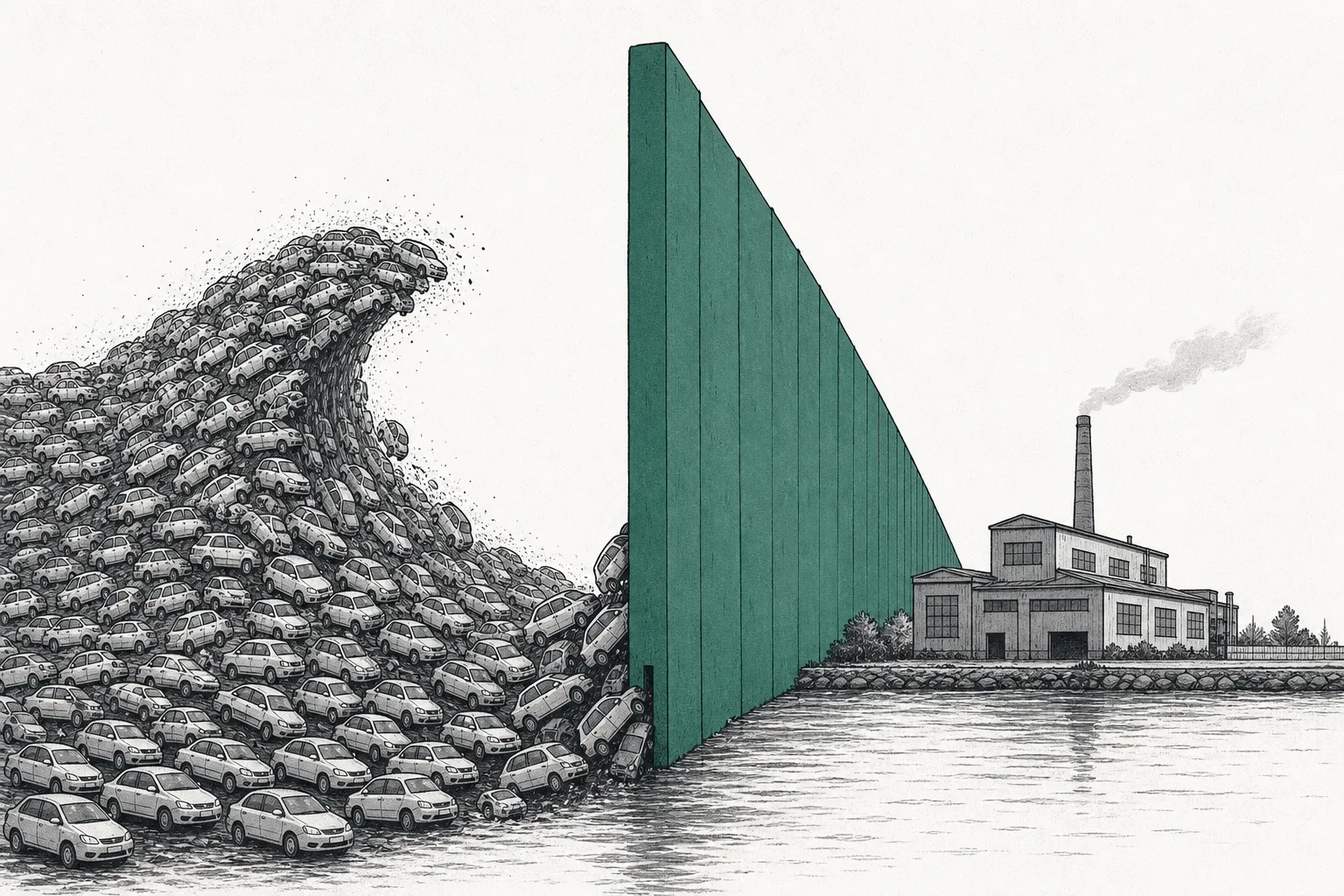 A large customs wall dividing a port. On one side, a wave of cheap cars flows in and crashes against the wall; on the other, a Western car factory stands protected