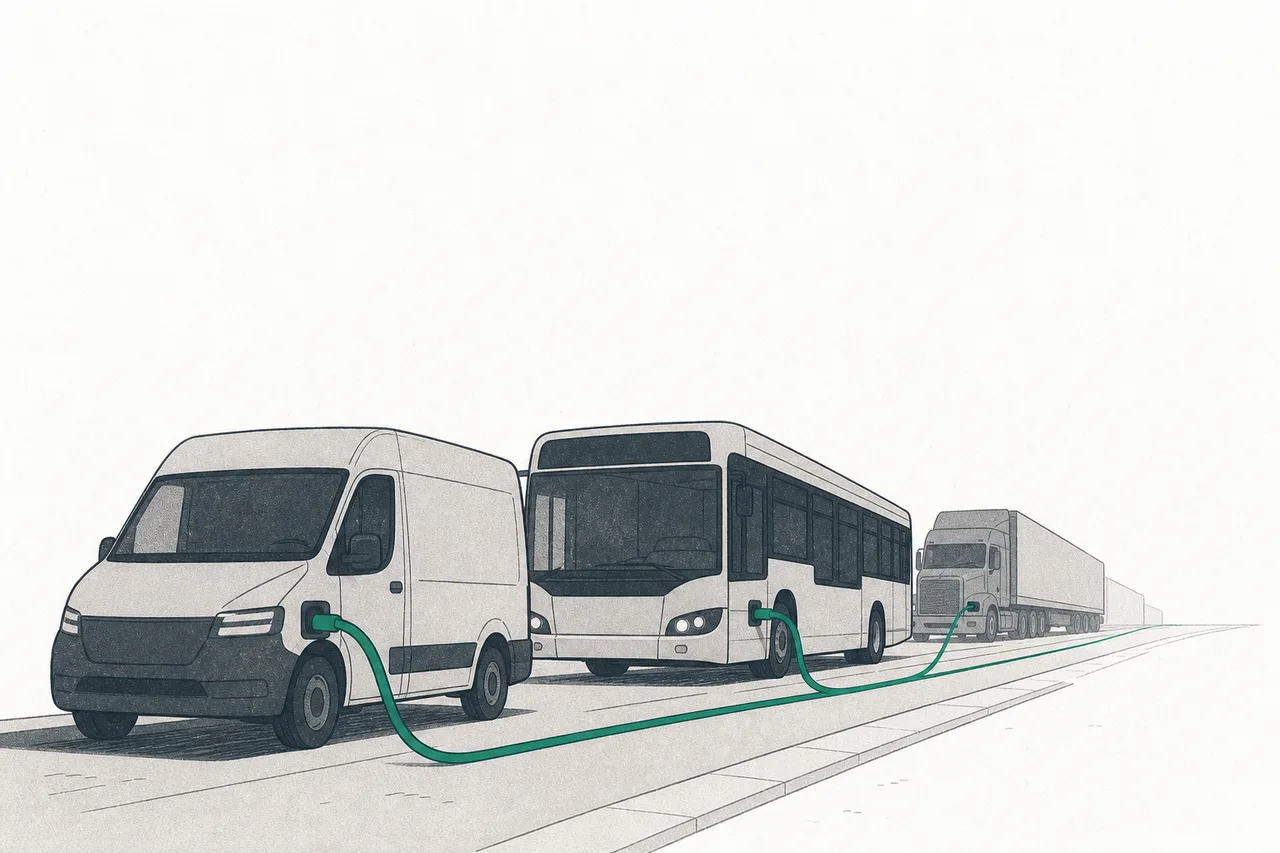 A convoy of electric commercial vehicles — city buses, delivery vans, and heavy trucks lined up on a road, connected by energy pathways