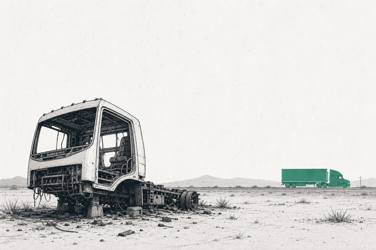 The wreckage of an abandoned prototype electric truck, while a veteran maker drives steadily past in the distance