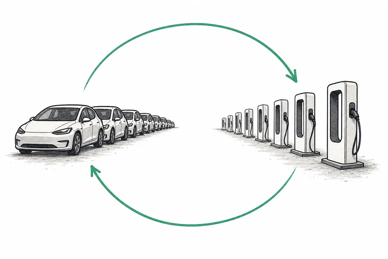The chicken-and-egg loop of charging — cars waiting for chargers that aren't there yet, and empty chargers waiting for cars that haven't come yet, spinning in a circle