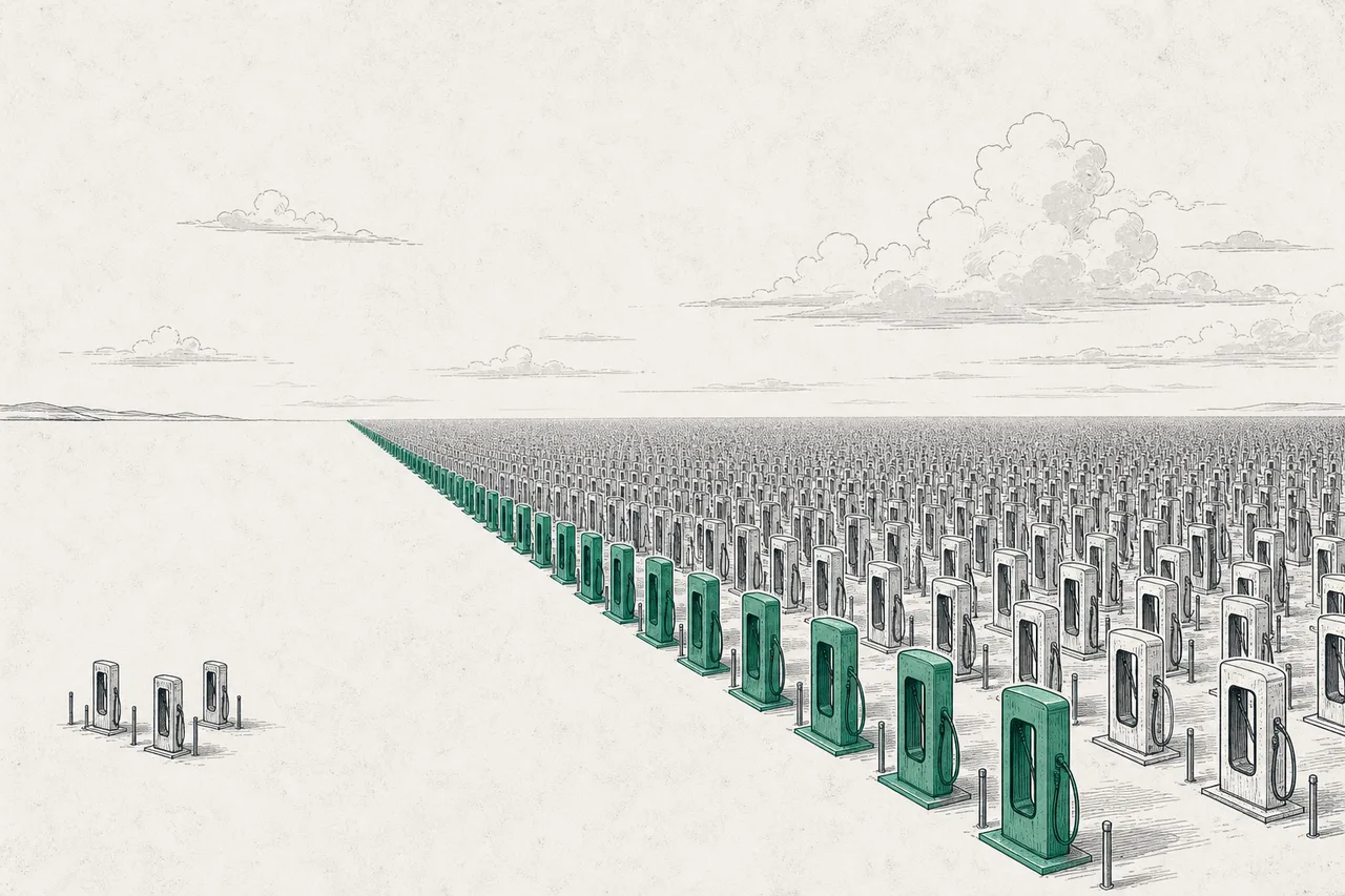 An enormous charging yard filled with rows of chargers stretching as far as the eye can see, contrasted with a tiny yard of just a few chargers across the way, signaling China's runaway lead