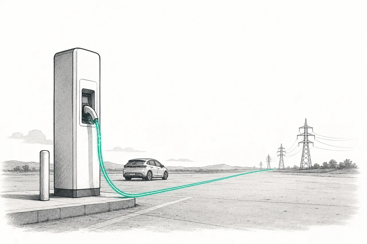 A refueling station for the EV age, charging nozzles jutting out like fuel pumps, with cables running backward to distant transmission towers behind