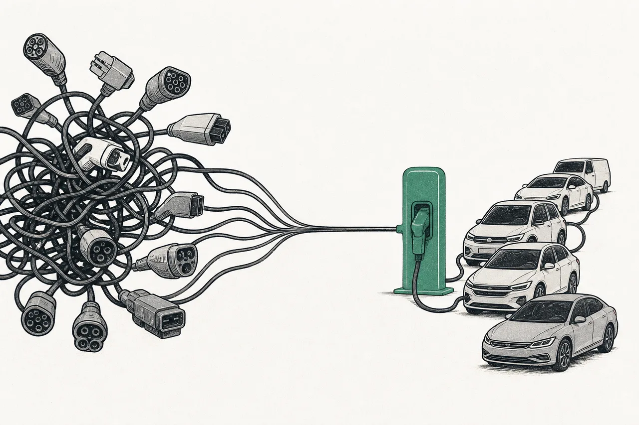 Many different plug types that once mixed together in a mess, gradually merging into a single standard plug that cars of every brand line up to use