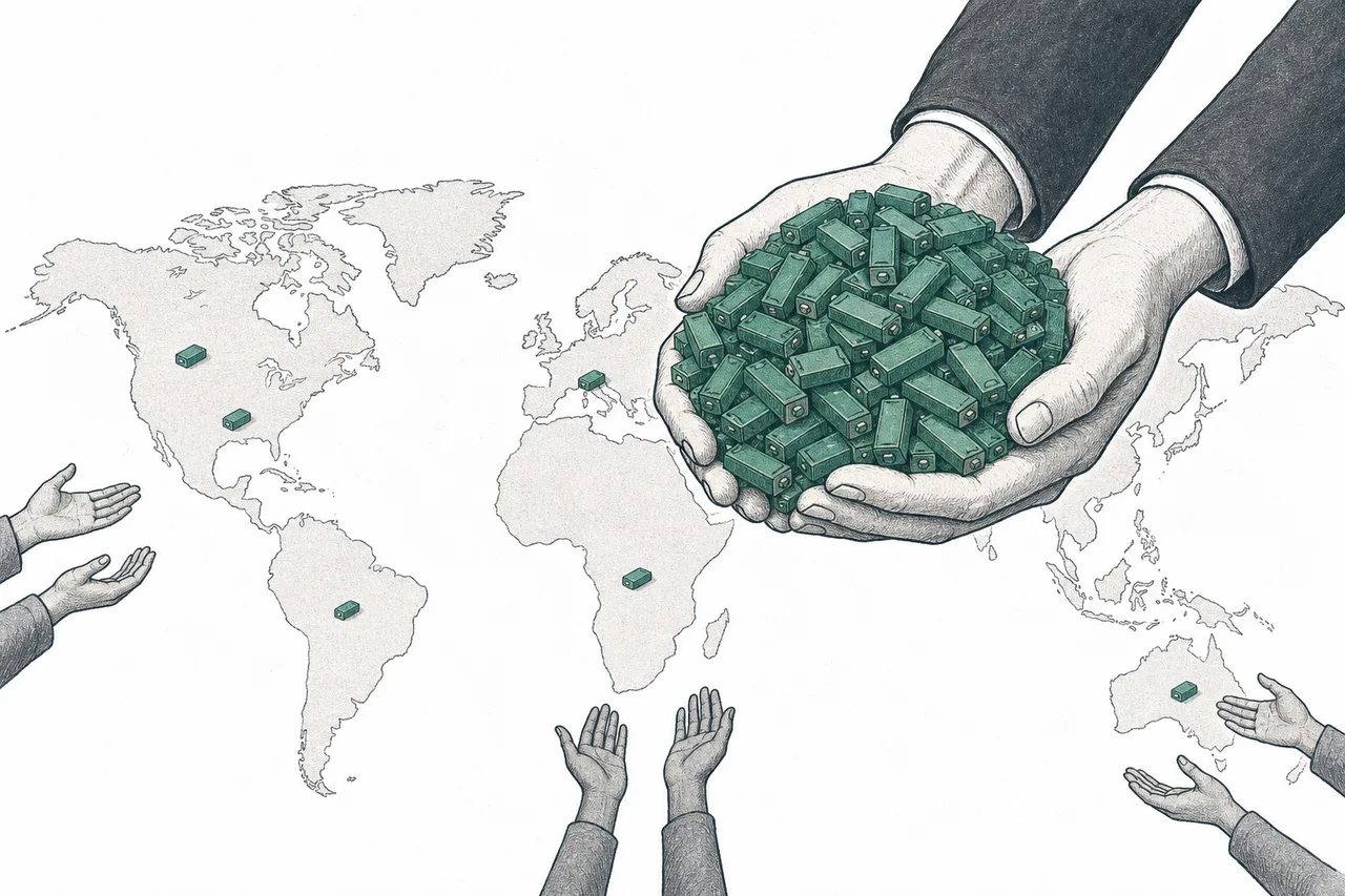A simple world map with one pair of giant hands cradling almost all of the world's batteries, leaving only tiny scraps for the other regions