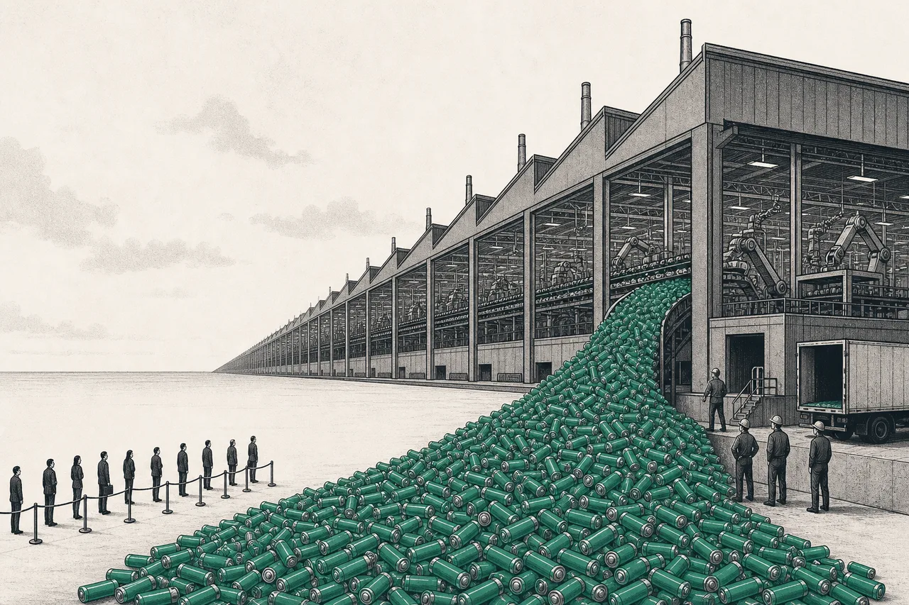 A gigafactory stretching as far as the eye can see, churning out batteries in a nonstop stream — far more than the market can absorb, spilling over