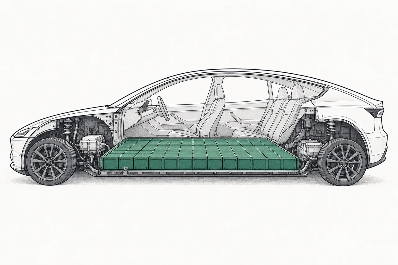 An electric car cut open to show the inside, where the entire floor is one giant battery pack taking up almost all the space — and value — of the car