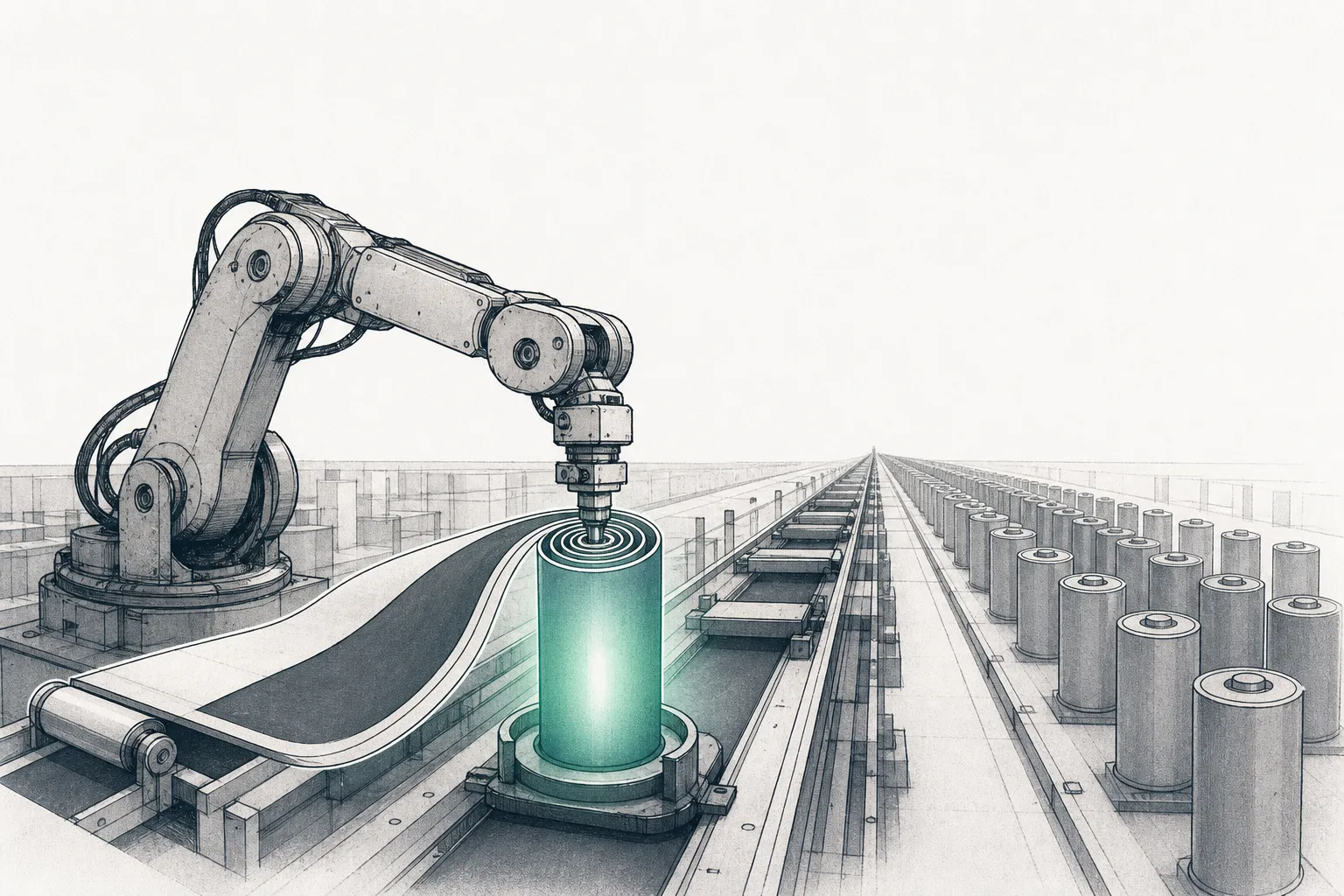 An endless battery-cell production line stretching out of sight. A robotic arm rolls thin film into cylindrical cells one at a time. One cell is highlighted, glowing like a heart beating in the middle of the factory.