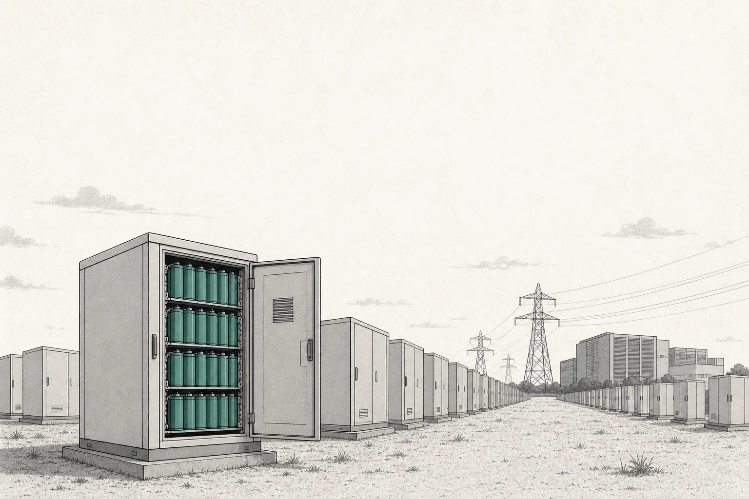 A field of energy-storage containers lined up in long rows beside transmission towers and a data center. The same battery cells that go into cars are here storing power for the grid instead.