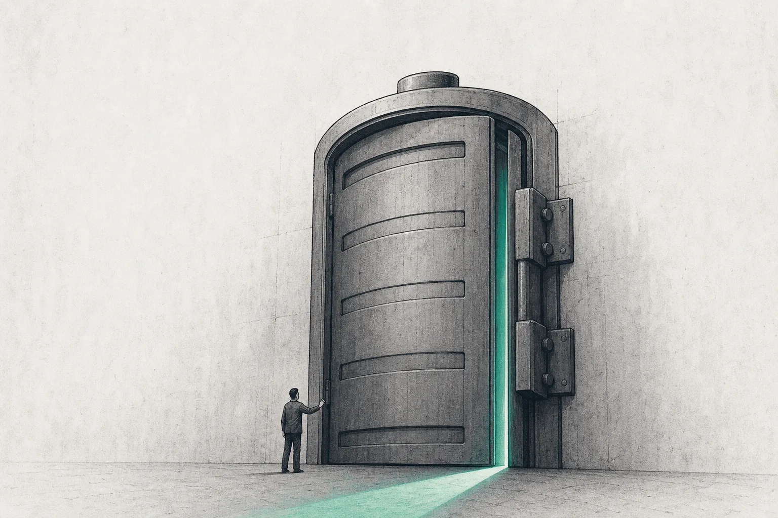 A glowing door cracked open just a sliver, with a beam of light spilling out, but not yet fully open — representing next-gen batteries where the hope is visible but still out of reach.