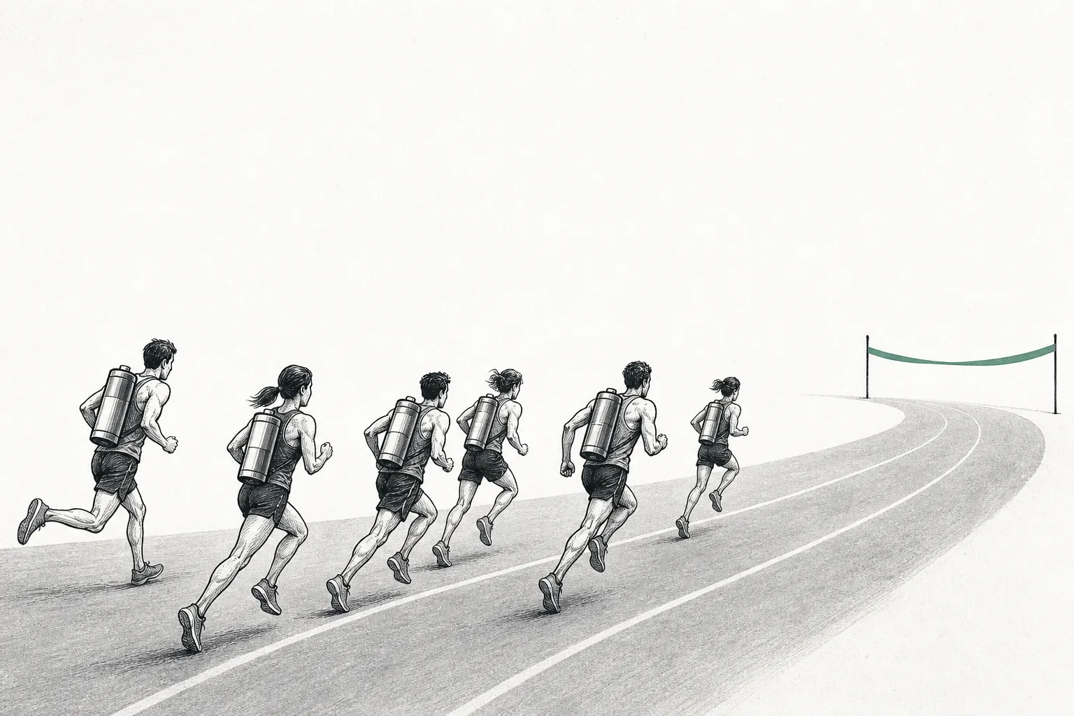 Several runners approaching a finish line that's within reach for the first time — some leading, some hot on their heels — representing the fierce race and a finish line that's beginning to feel tangible.