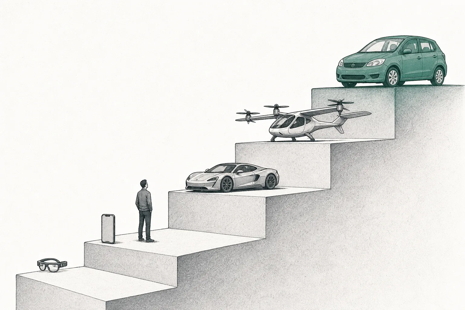 A staircase rising upward, each step holding a car or object, going from tiny things up to big ones — representing a technology gradually climbing from the premium market to the mass market.