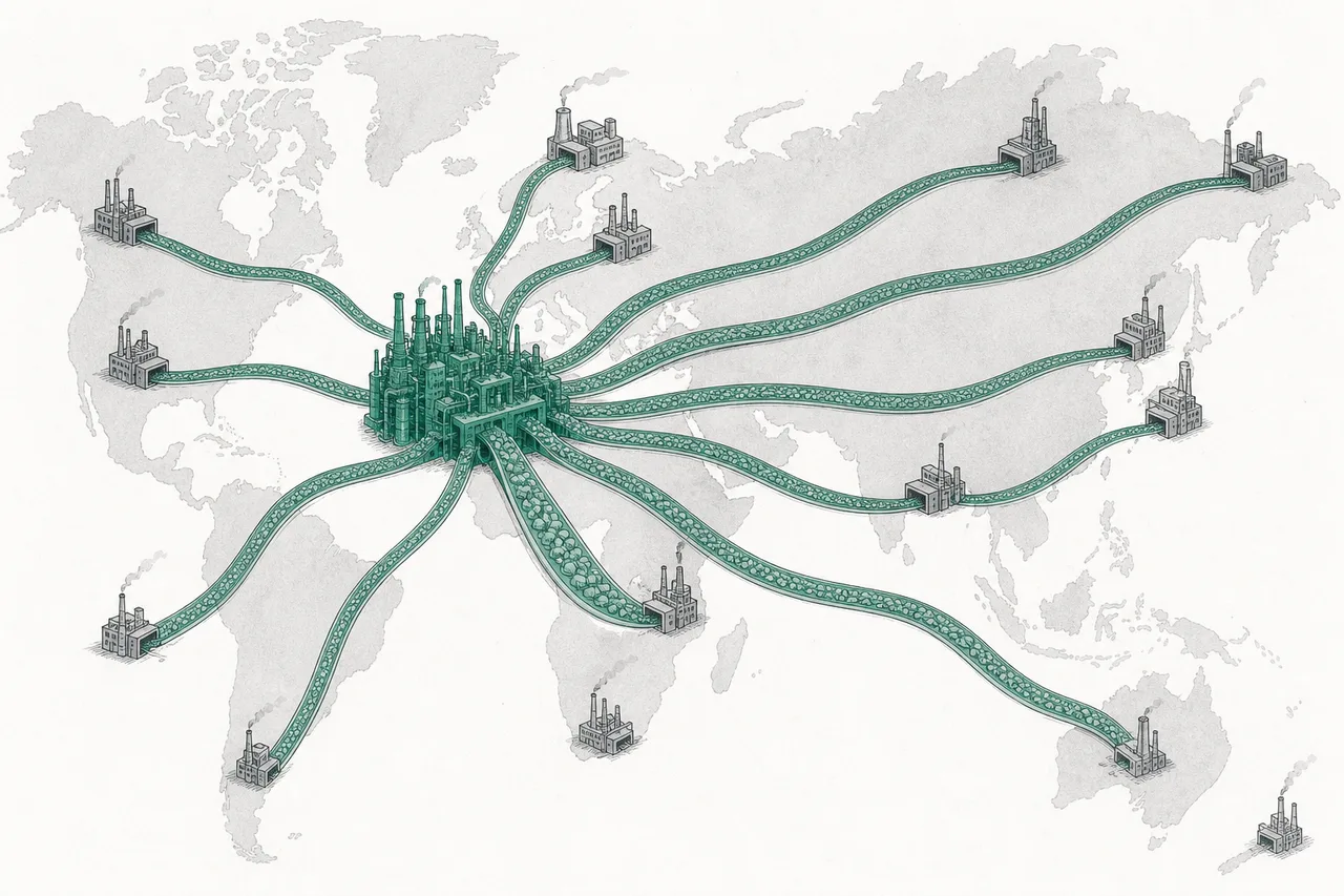 A simple world map with nearly every pipe or belt of battery materials flowing out of a single point, showing the concentration of the supply chain in one place