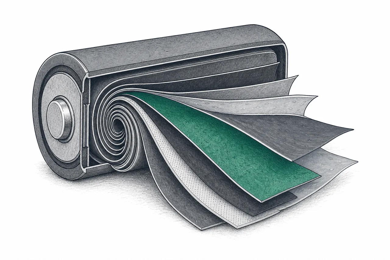 A cross-section of a battery cell opened to reveal the material layers stacked inside, with the cathode layer glowing green and standing out from the other gray layers