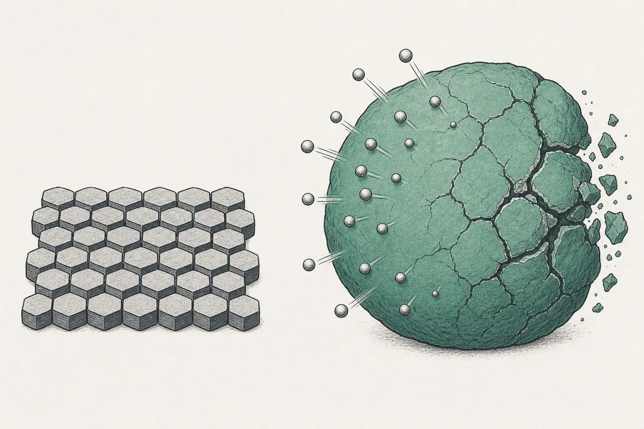 A comparison image: small grains of conventional anode material packed tightly, next to silicon grains that have swelled much larger, showing more energy but also fragility