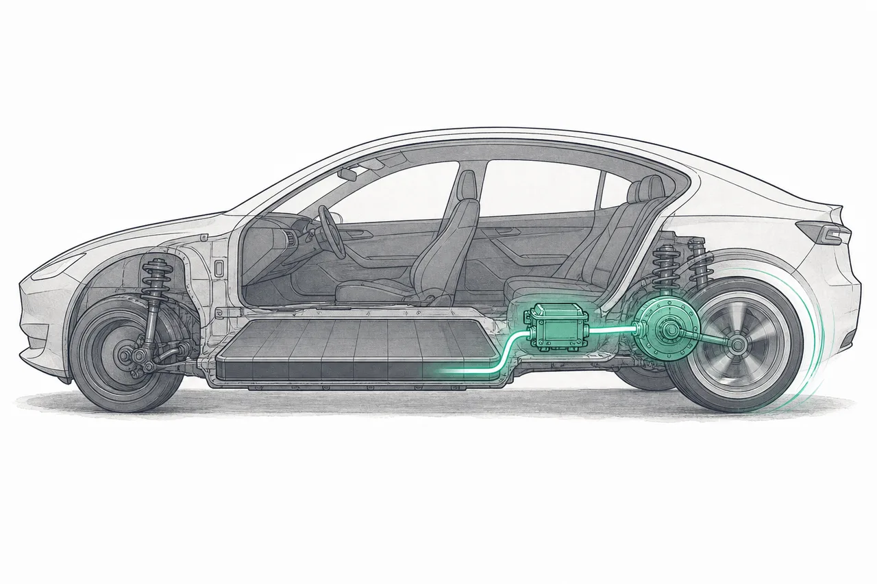 A cutaway of an EV showing the path of energy flowing from a large battery, through a small glowing box of chips, to the motor that spins the wheels