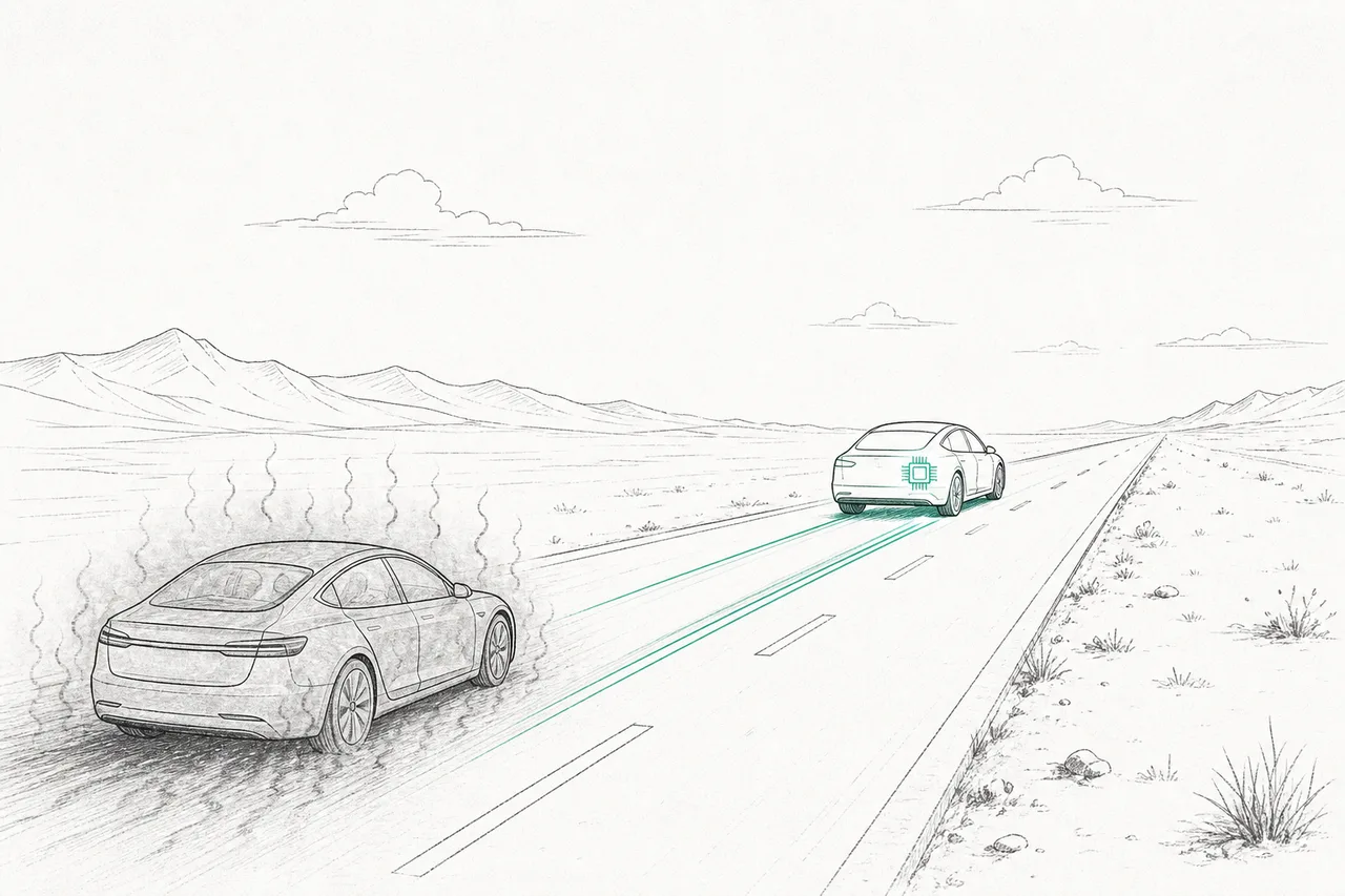 Two EVs driving side by side on the same road; the one using SiC chips runs ahead, cool and comfortable, while the one using older silicon chips throws off heat and falls behind
