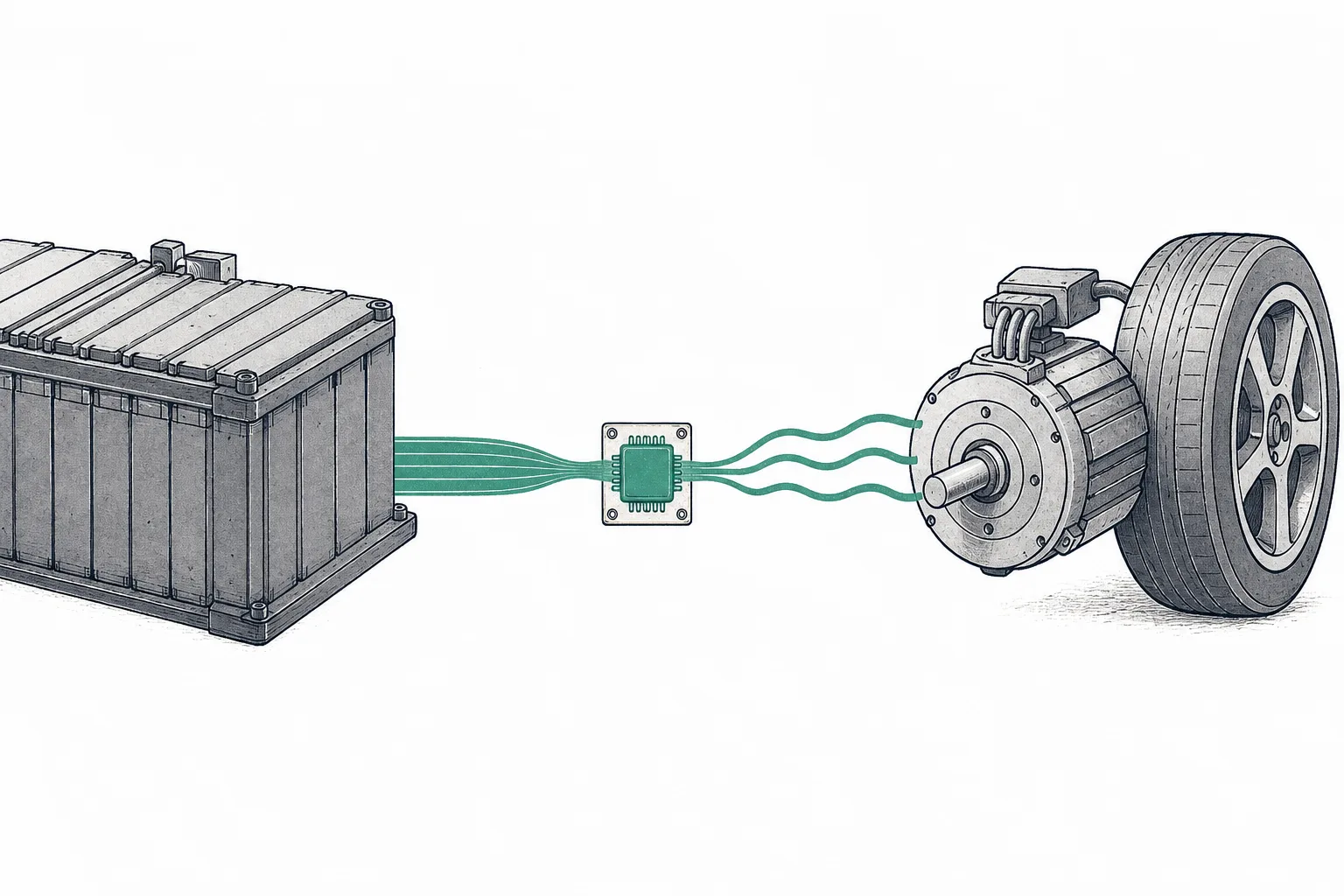 A small square power chip on a copper plate, acting as a very fast-opening-and-closing gate that lets current from the big battery pass through to the motor that turns the wheels. This chip is the tiny bottleneck the car's entire energy must flow through.