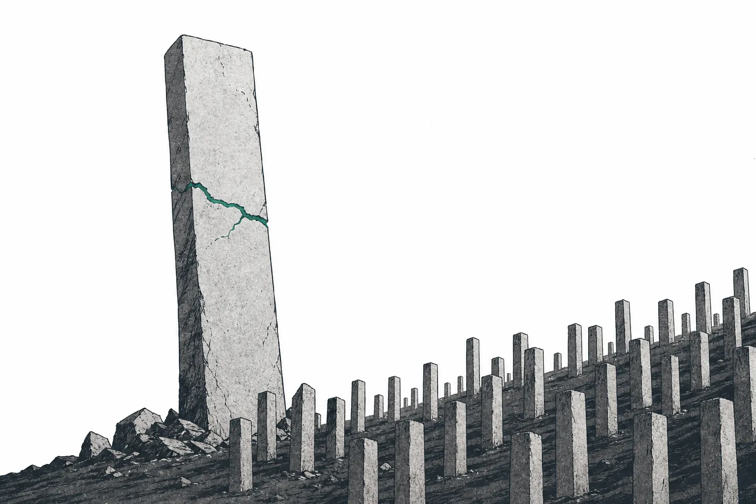 A tall pillar that rose first before anyone else, with a crack running through the middle, tilting and collapsing — while many small pillars gradually rise up around its base. It represents the SiC pioneer stumbling and falling as a crowd of new players climbs up.