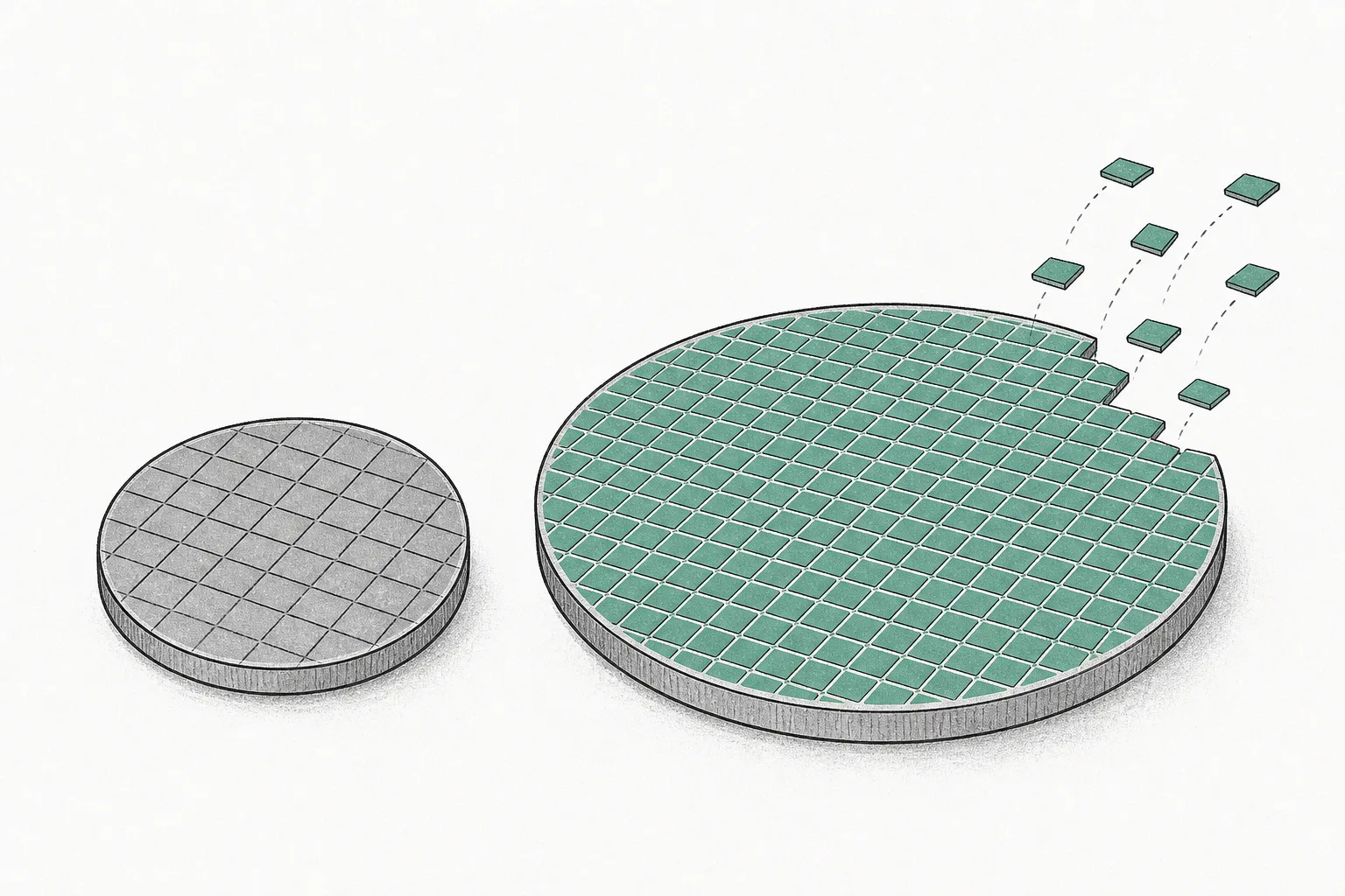 A small round wafer and a large one placed side by side. The big one can be cut into far more square chips, representing the lower cost per chip when moving from a 6-inch wafer to an 8-inch one.