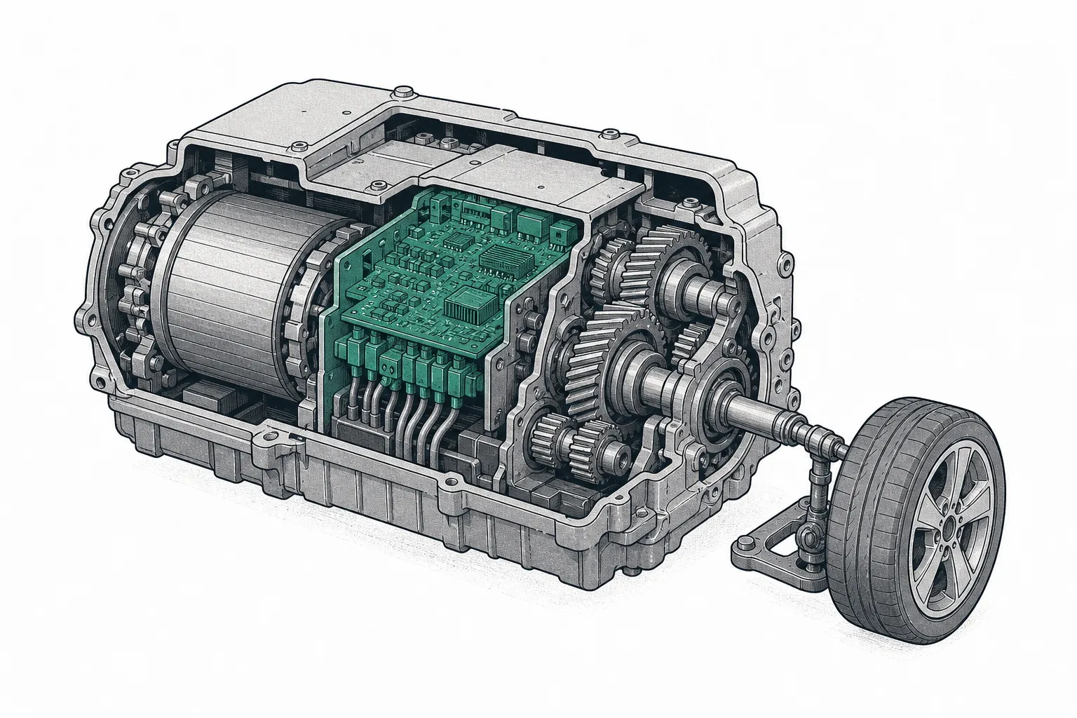 A single compact metal box, see-through inside, with a cylindrical motor, an inverter, and a small reduction-gear set assembled together in one place. A shaft runs out to spin the car's wheel.
