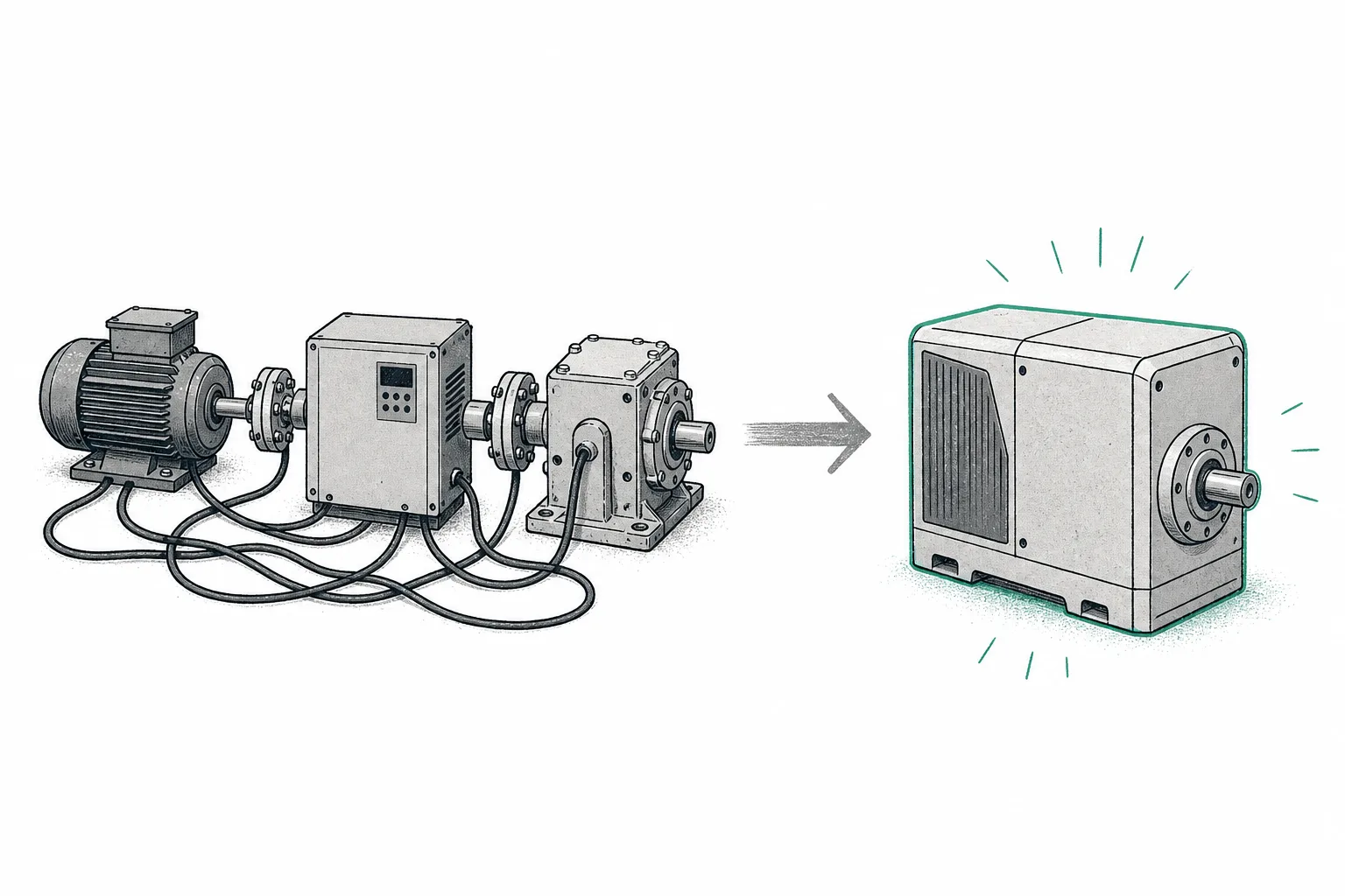 A side-by-side comparison. On the left, the motor, inverter, and gear sit as three separate boxes linked by a tangle of wiring. On the right, all three are fused into a single, compact, tidy box.
