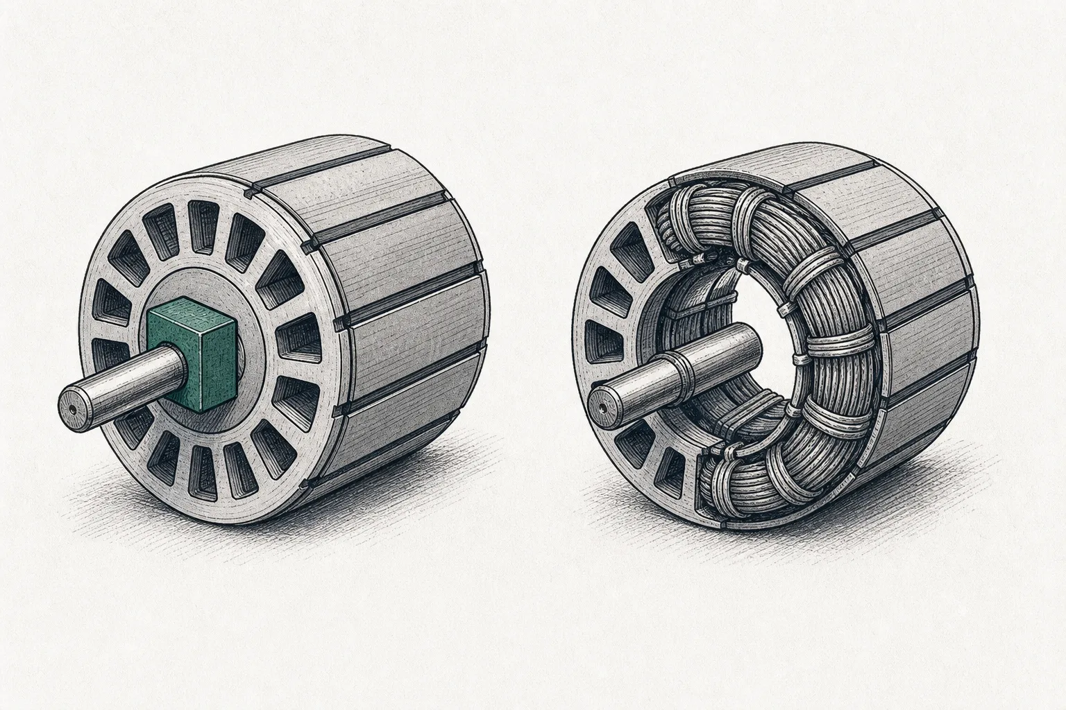 Two electric motors placed side by side. One has a glowing block of magnet in the center of its rotor; the other has no magnet but coils wound around the rotor instead — depicting the choice between a permanent-magnet motor and a rare-earth-free one.