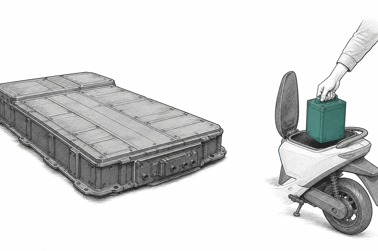 A size comparison between an electric car's battery and an electric scooter's — the car's battery is a huge slab, while the scooter's is a small pack you can lift one-handed