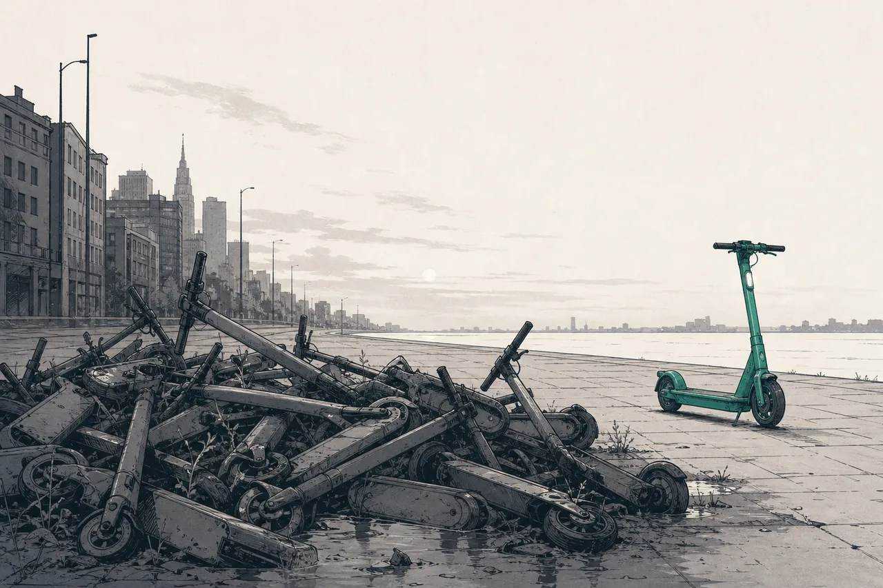 Shared rental scooters dumped and toppled in a heap on a Western city sidewalk — an image of the burst scooter-sharing business bubble