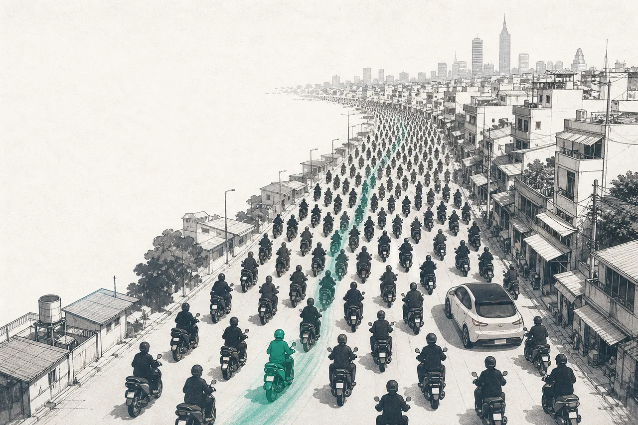 A dense Asian city street at dawn, full of hundreds of electric motorbikes and scooters flowing like a river, while a single EV sits parked off to the side
