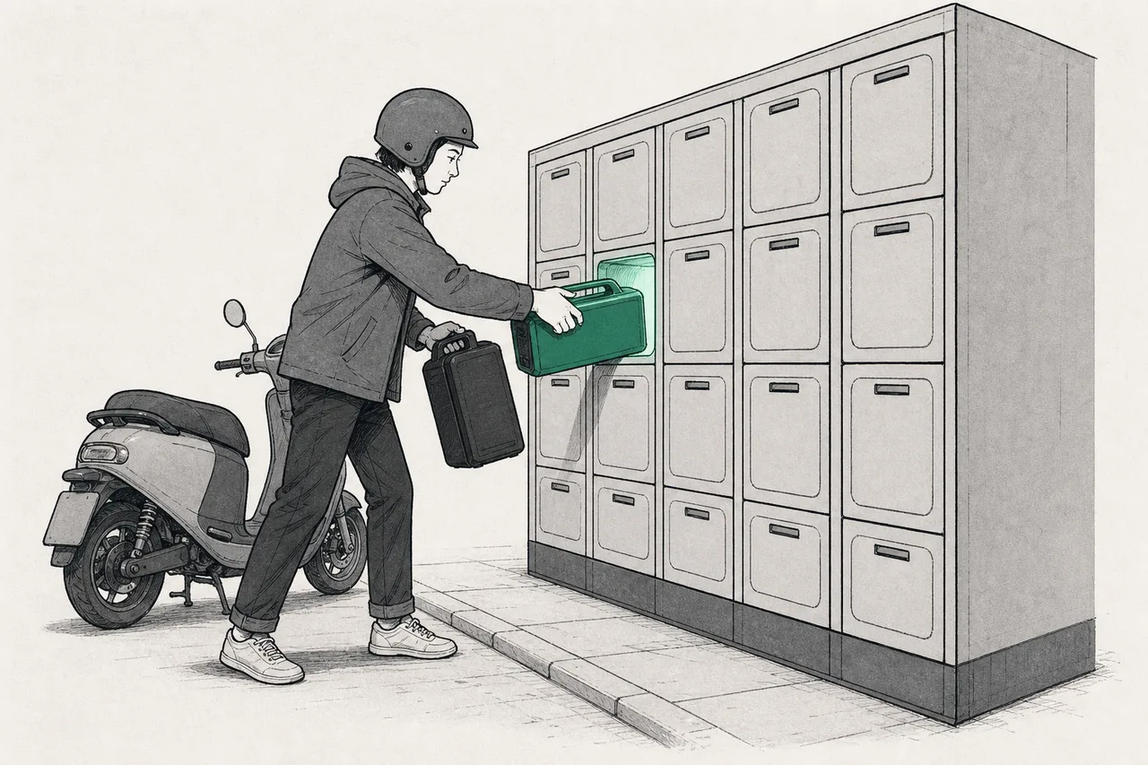 A rider pulling a depleted battery out of a swap machine and slotting in a freshly charged one, like changing a gas cylinder, with no waiting to charge