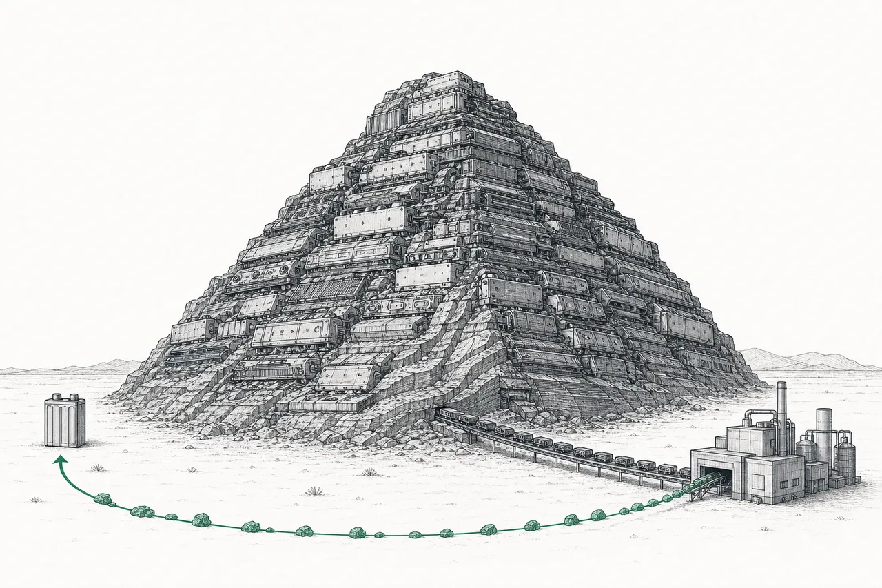 The urban mine — old car batteries stacked high like a mountain of ore, with a conveyor belt feeding them back into a plant to become new raw material