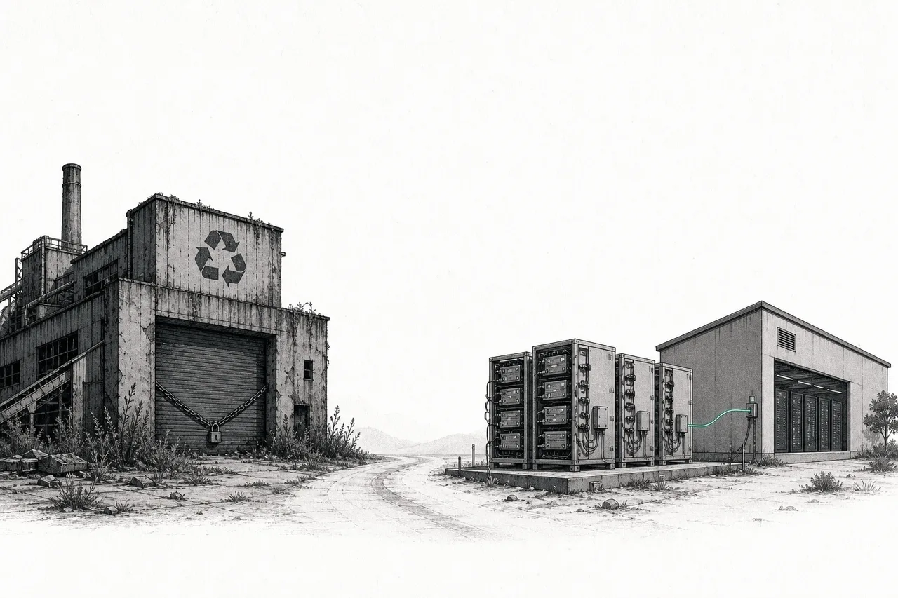 Recycling companies that fell and changed course — one plant abandoned and shut down, another turned into energy storage for data centers