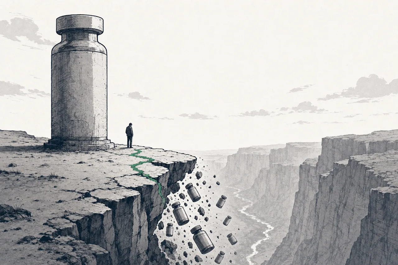 A stone pillar shaped like a giant medicine bottle standing at the edge of a cliff, with cracks running through its base, representing drug patents about to expire
