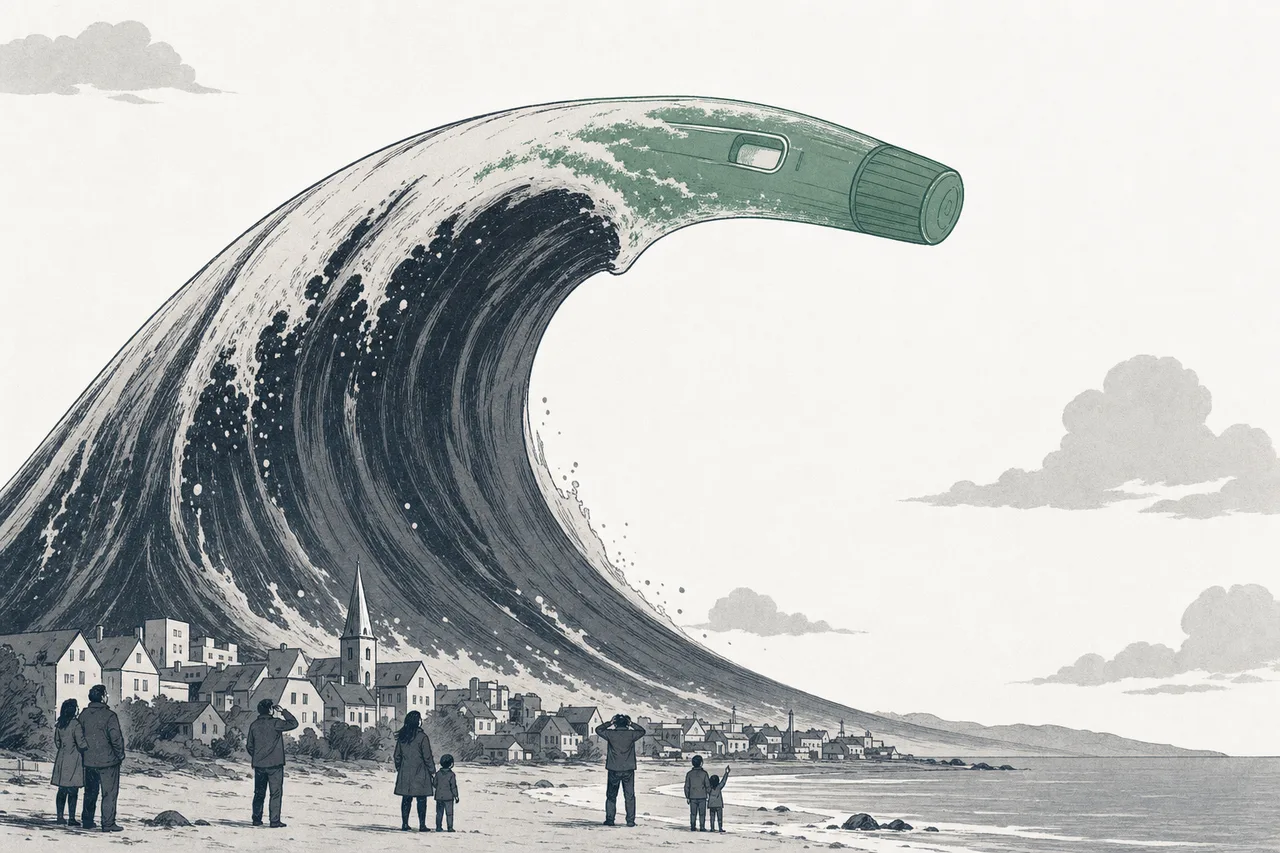 A giant wave shaped like a huge injection pen sweeping through a city, with tiny crowds and the whole pharmaceutical industry lifted up on the wave