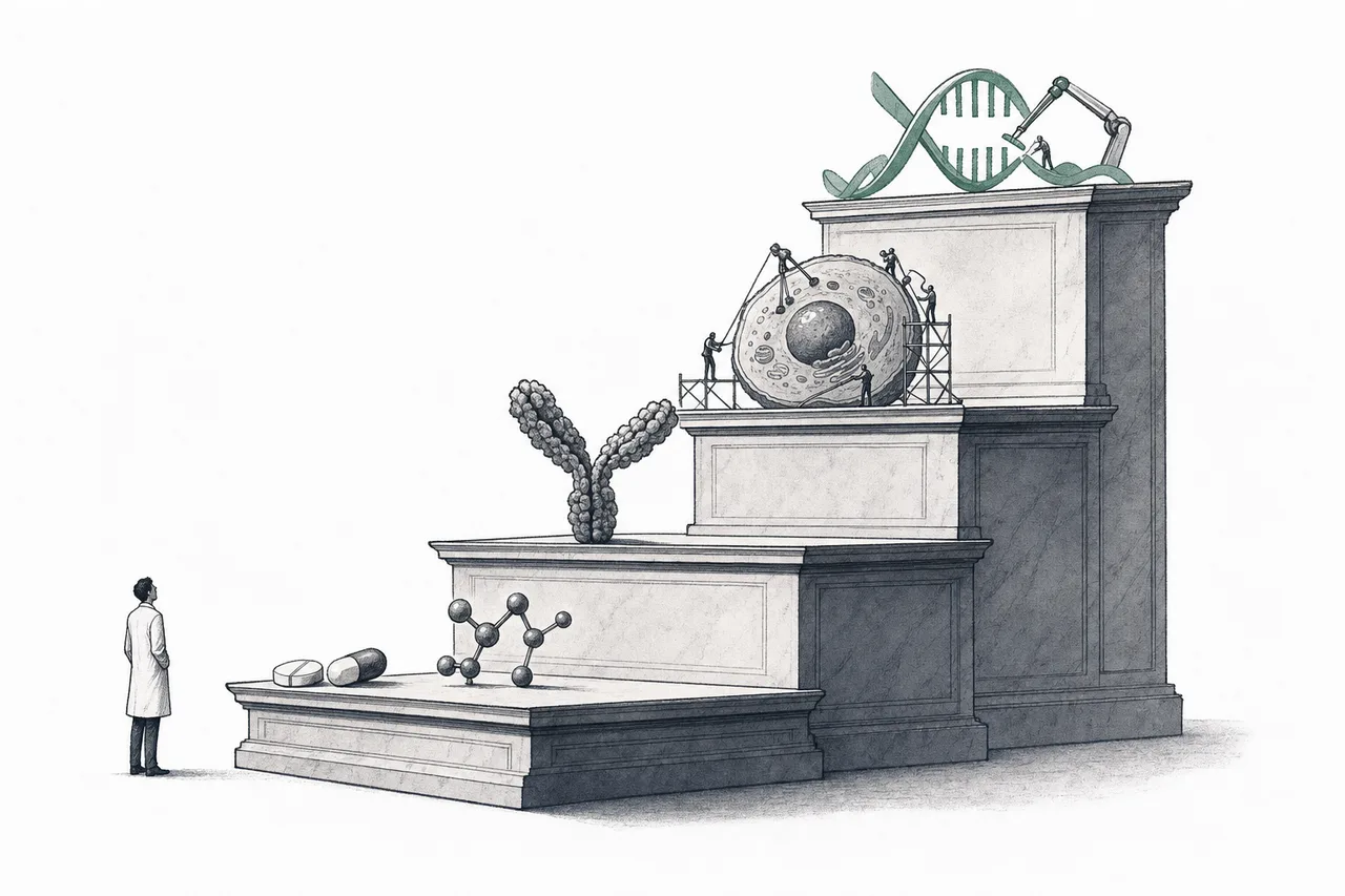 A giant medicine shelf rising from tiny pills up to ever more complex biologic molecules and cells, like a ladder tracing the evolution of drug-making