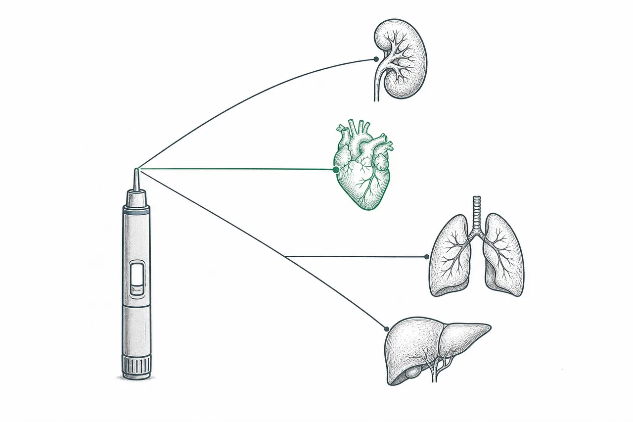 A single injection pen casting out many beams of light, each leading to a different organ — heart, kidney, lung, and liver