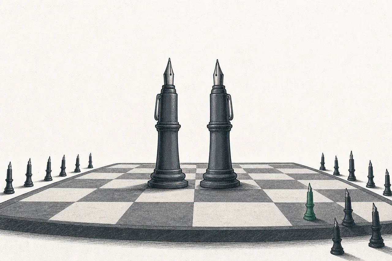 Two giant players stand facing each other on a chessboard, while several small players slowly walk in from the edge of the board