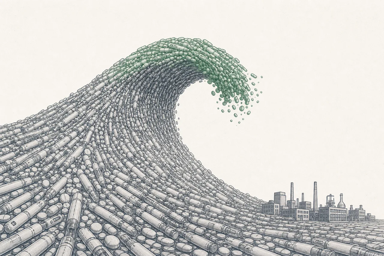 Injection pens lined up to form a giant wave crashing toward a city of pharmaceutical industry — a huge wave about to change everything
