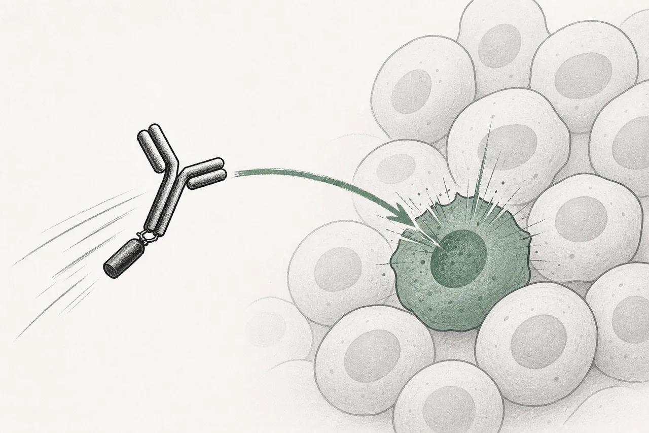 A Y-shaped antibody carries a toxin warhead, flying like a guided missile straight onto a single target cancer cell, while the healthy cells around it stay safe