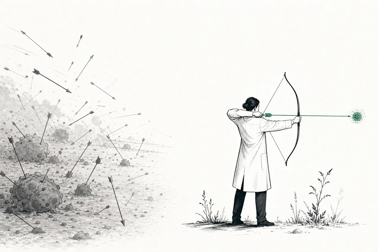 A small band of warriors takes precise aim at a single target with bows, while behind them an old-era army fires shots scattering in every direction — depicting the shift from chemotherapy to targeted treatment