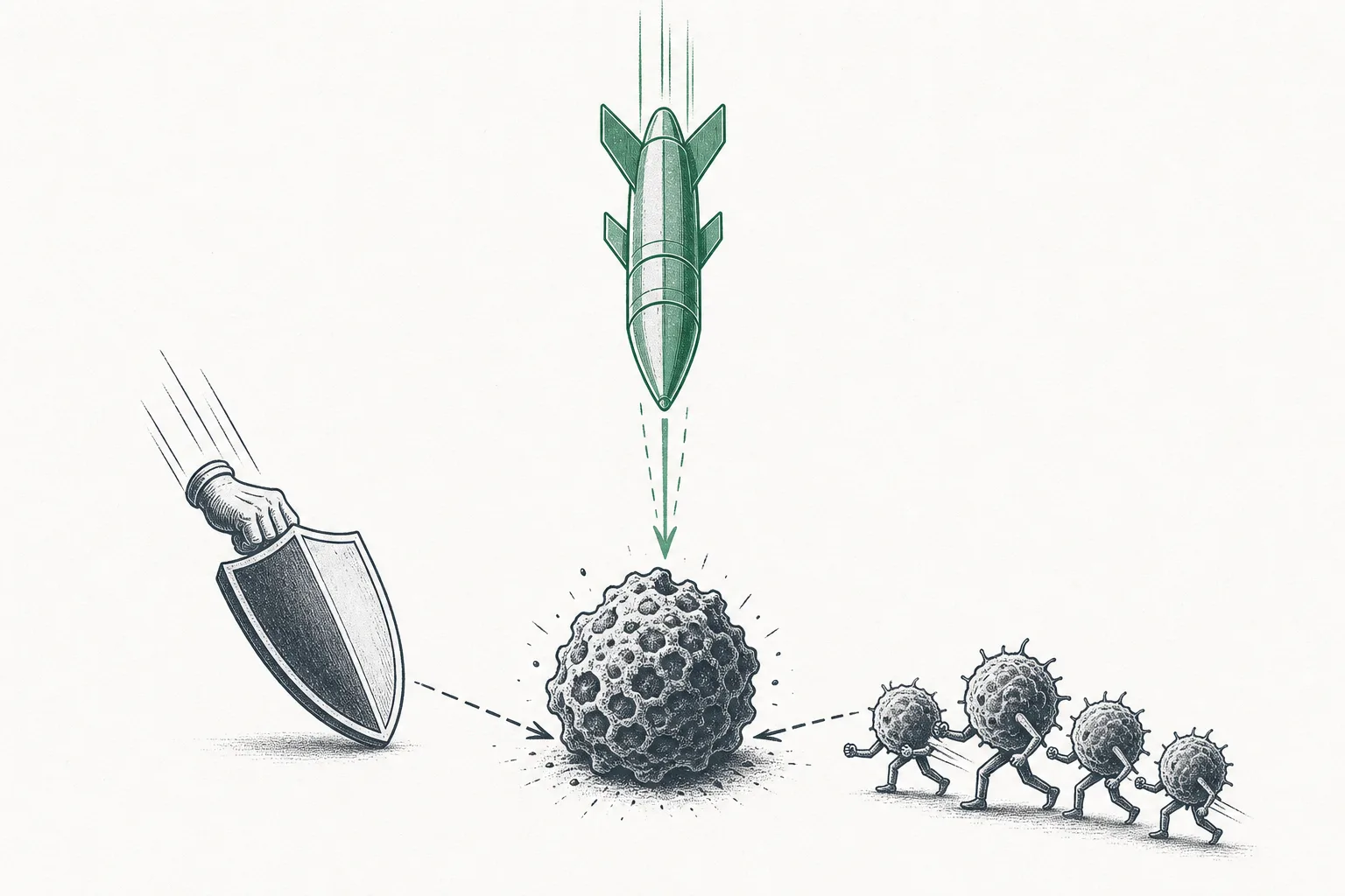 Three arrows from different directions converge on a cancer mass in the center; one is a prominent guided missile, the other two an immune shield and cellular soldiers, representing three cancer-attack methods working together.