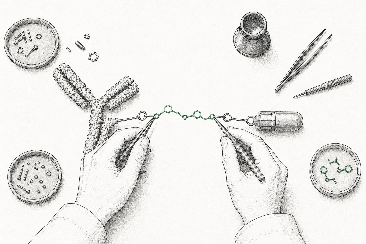 A craftsperson carefully assembles three molecular parts into one on a workbench; the linker part in the center glows as the focal point, representing the drug-delivery engineering that is the field's real moat.