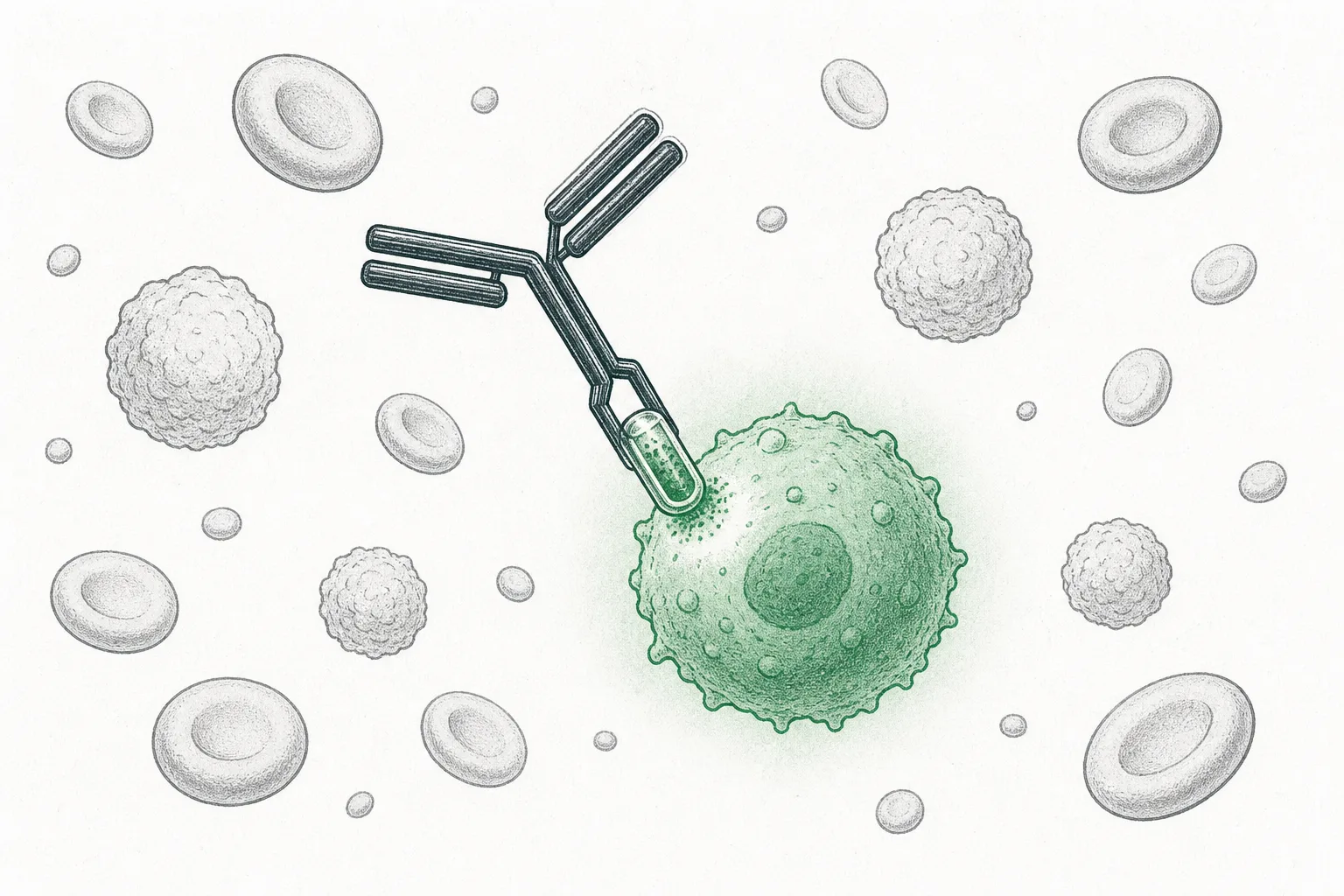 A Y-shaped antibody floats in the bloodstream, one tip latched onto the surface of a glowing cancer cell, while the normal cells around it stay calm and untouched.