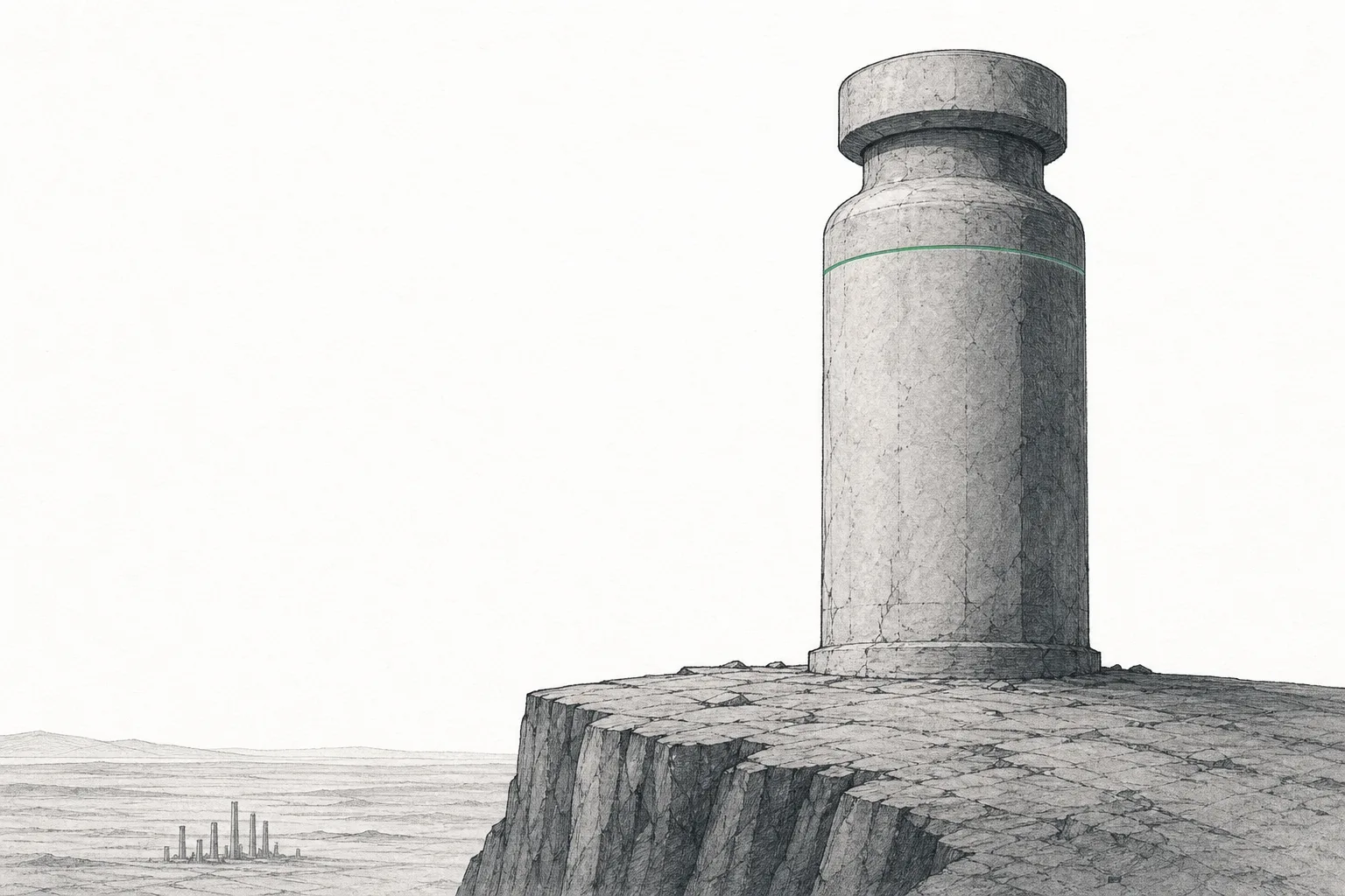 A giant stone pillar shaped like a medicine bottle stands at the edge of a cliff, its top beginning to crack — conveying the huge revenue about to fall when the patent expires