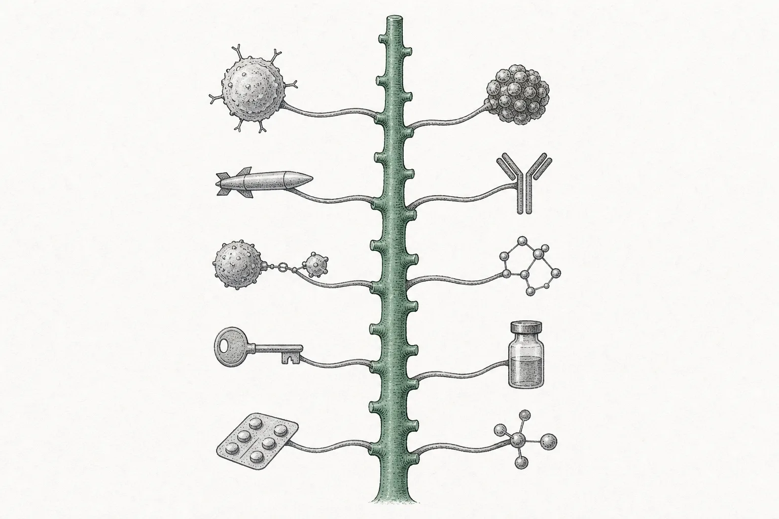 A strong backbone forms the central axis, with various other drugs branching out around it like ribs, conveying that checkpoint is the axis other drugs build upon