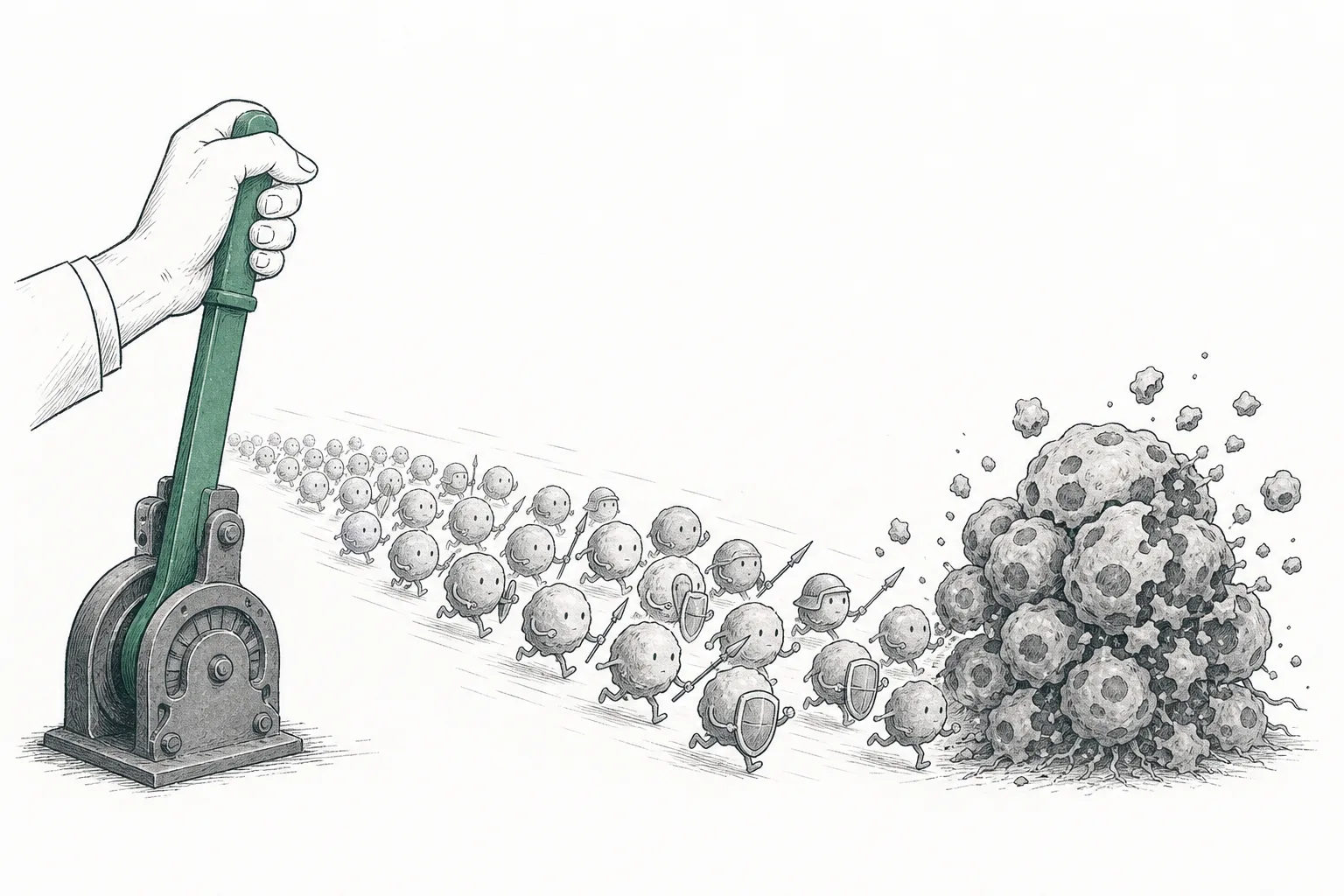 A hand lifts a brake lever, releasing an army of soldier-like immune cells to charge at a tumor that had been safely surrounded