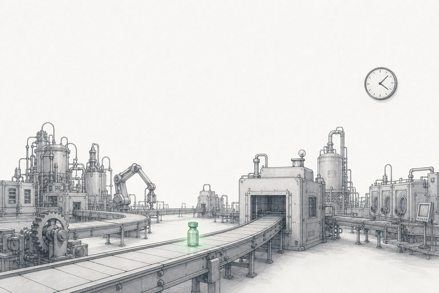 A large factory with a conveyor belt running, but only a single drug vial travels along it — conveying that CAR-T is made one patient at a time.