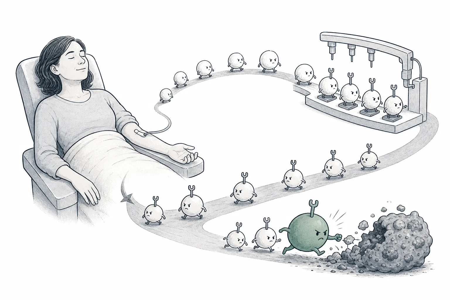 Tiny soldiers shaped like white blood cells walk out of a patient's body, get fitted with new weapons, then walk back in to hunt down the cancer cells.