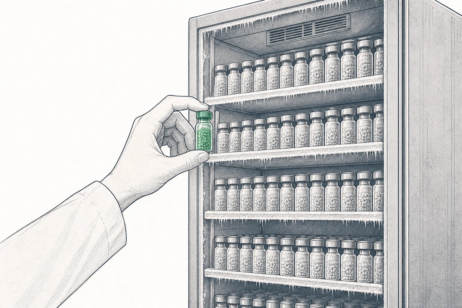A freezer shelf lined with identical, off-the-shelf drug vials, with a hand reaching in to take one down — conveying off-the-shelf cell therapy.